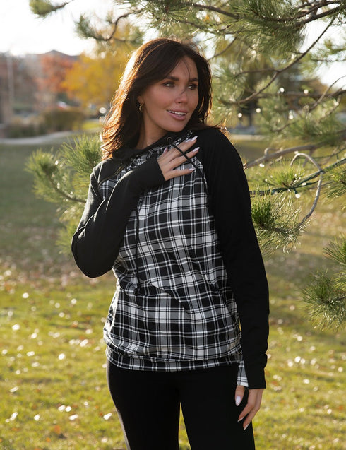 Double Hooded Black and White Plaid Sweatshirt