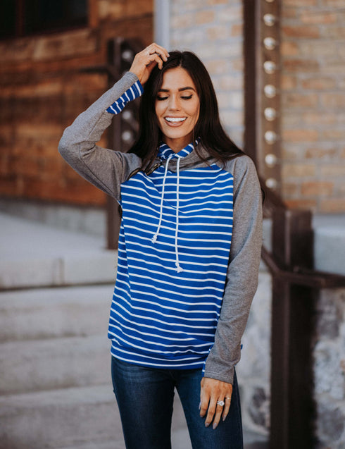Double Hooded Charcoal and Blue Stripe Sweatshirt