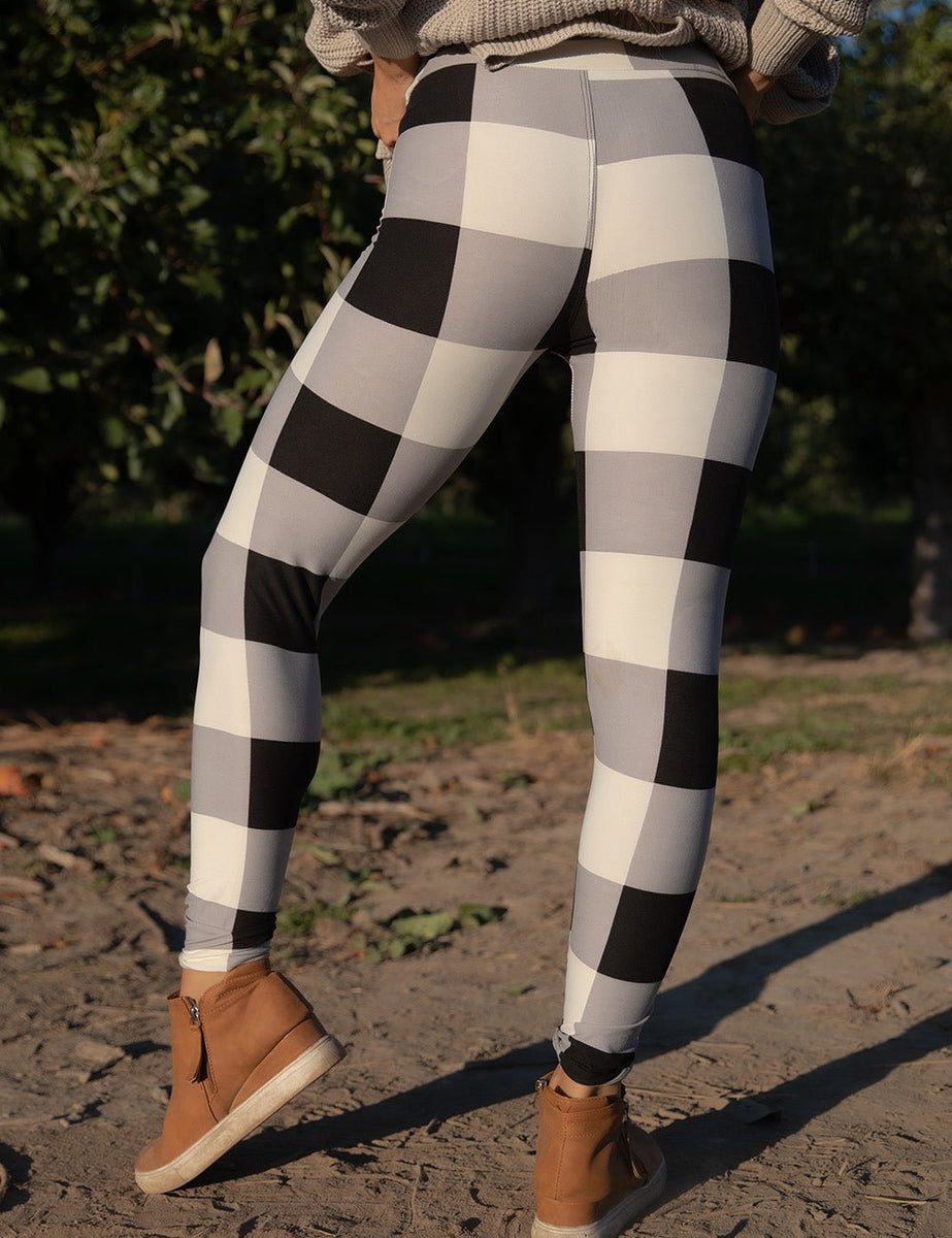 Black And White Buffalo Plaid Yoga Leggings Pants Women, Check