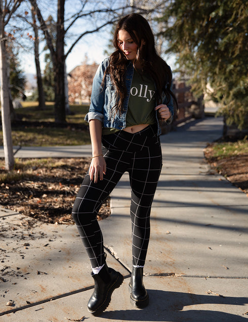 SA Black Windowpane Cross Waistband Pocket Leggings