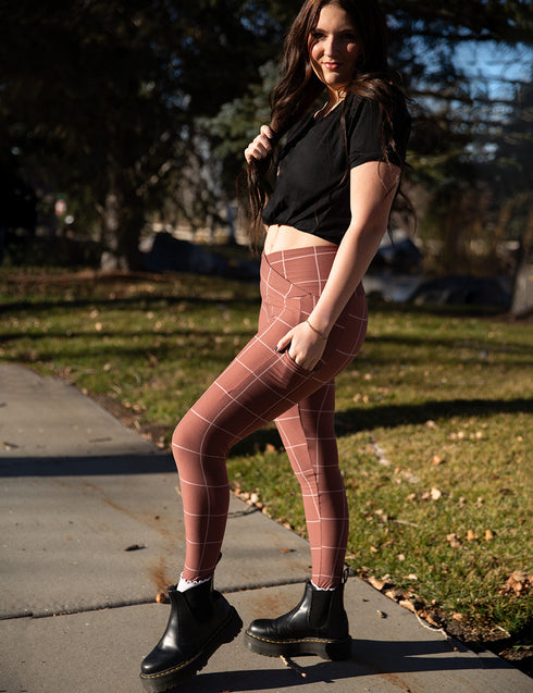 SA Brown Windowpane Cross Waistband Pocket Leggings