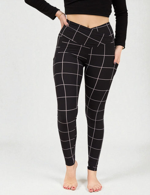 SA Black Windowpane Cross Waistband Pocket Leggings
