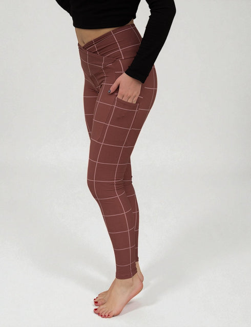 SA Brown Windowpane Cross Waistband Pocket Leggings