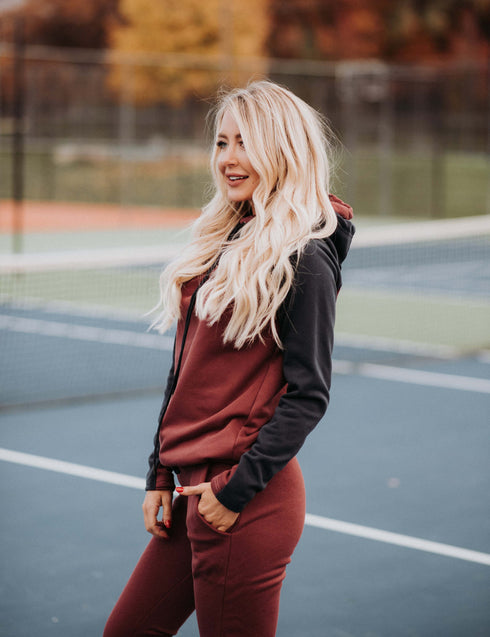 Double Hooded Burgundy and Navy Sweatshirt