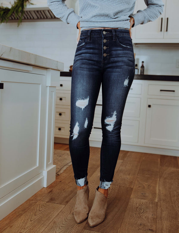 KanCan Distressed Button Jeans